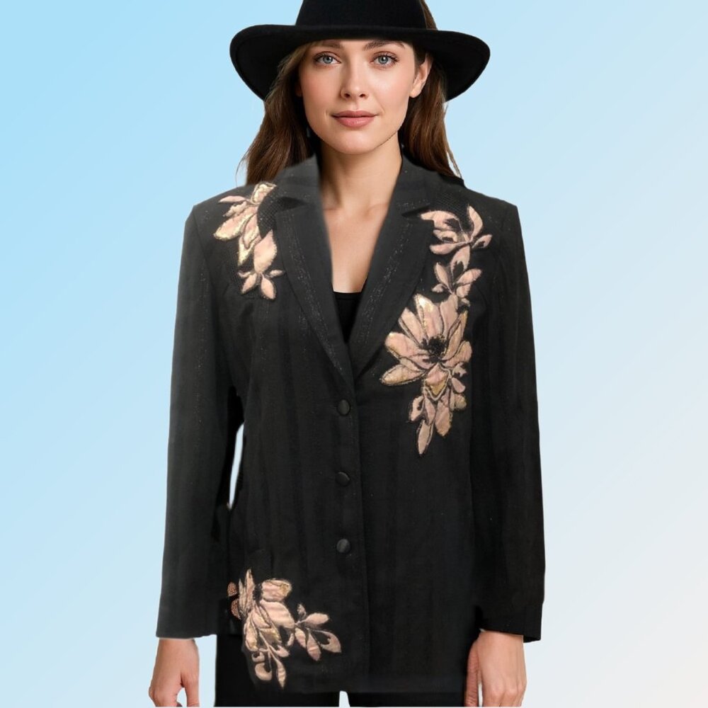 Customized Handcrafted Floral Applique Embellished Black Blazer Sz 16